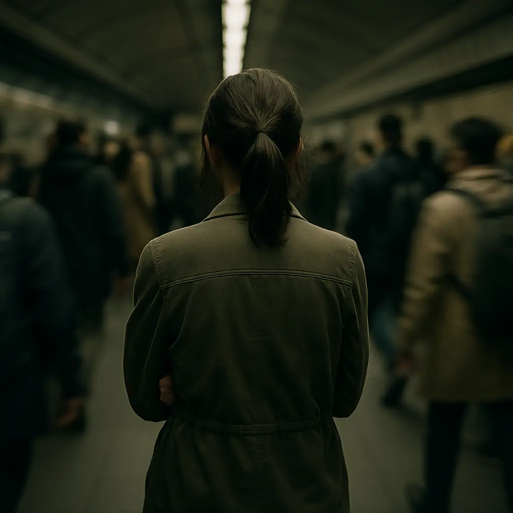 Mulher sentada em um metrô com expressão de ansiedade, olhando para a janela.