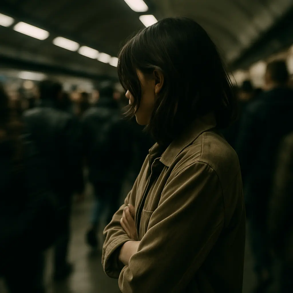 Homem olhando pela janela de um trem, parecendo solitário em uma cidade grande à noite.